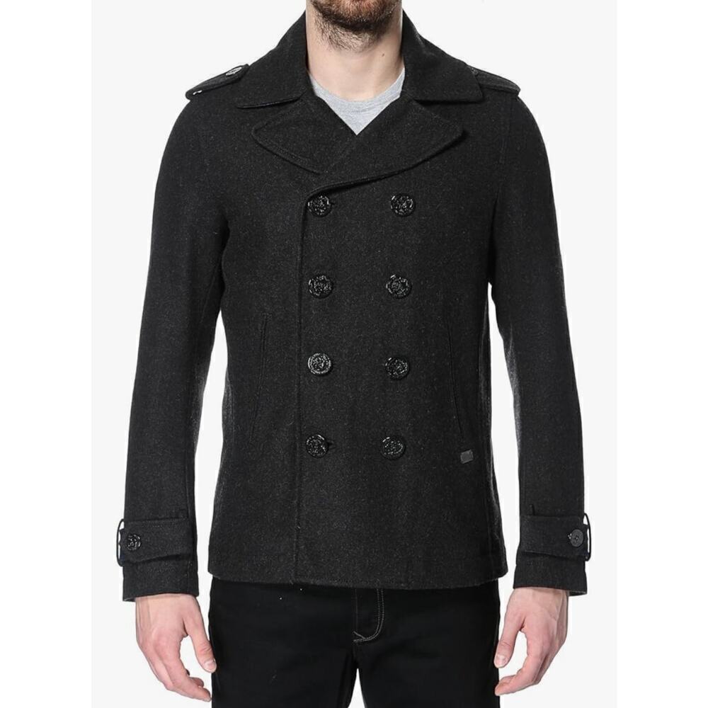Diesel Men's W-Champ Double-Breasted Wool-Blend Coat Charcoal Black Size Large